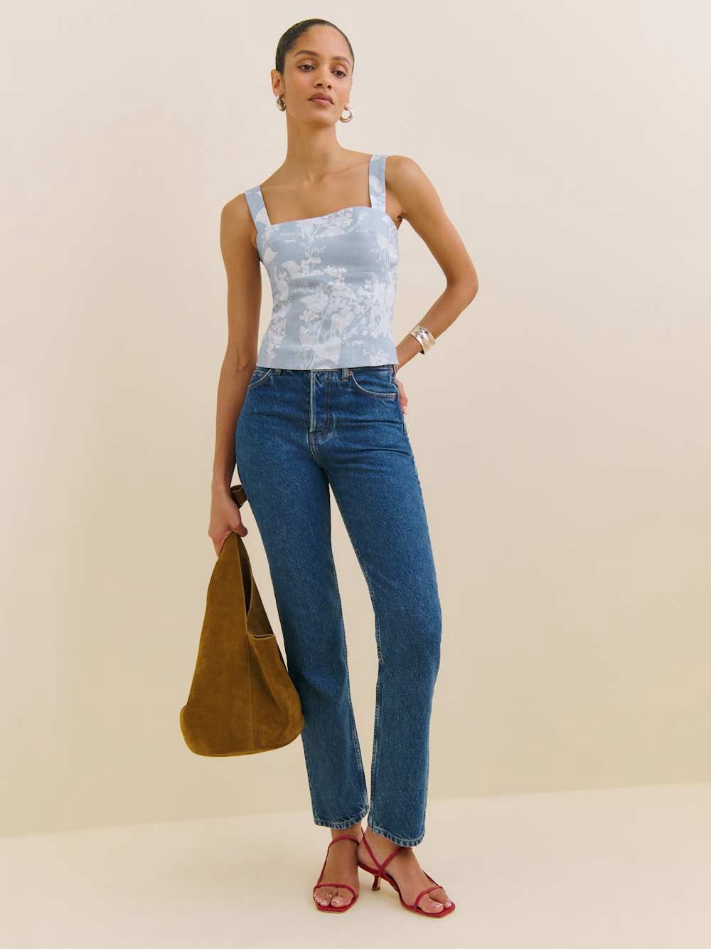 Reformation Darci Linen Square Neck Cropped Tank Top Floral Toile Light Blue 12 - Picture 13 of 14